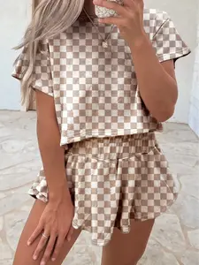 Women's 2-Piece Aesthetic Chic Checkerboard Set, Polyester Activewear Short-Sleeve T-Shirt & High-Waisted Skorts, Festival Casual Lounge Outfit