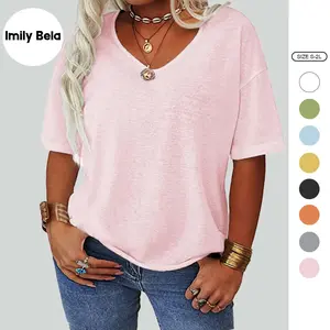 Imily Bela【XL-5XL】 Womens Plus Size Tops Summer Short Sleeve V Neck T Shirt Loose Casual Tunics Blouses Womenswear Curvy