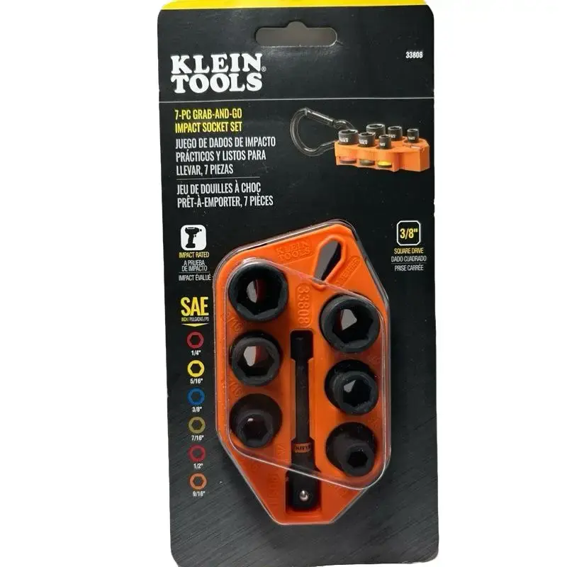 Klein Tools 33808 7-Piece SAE Impact Socket Set, 3/8” Drive, Grab-And-Go Design