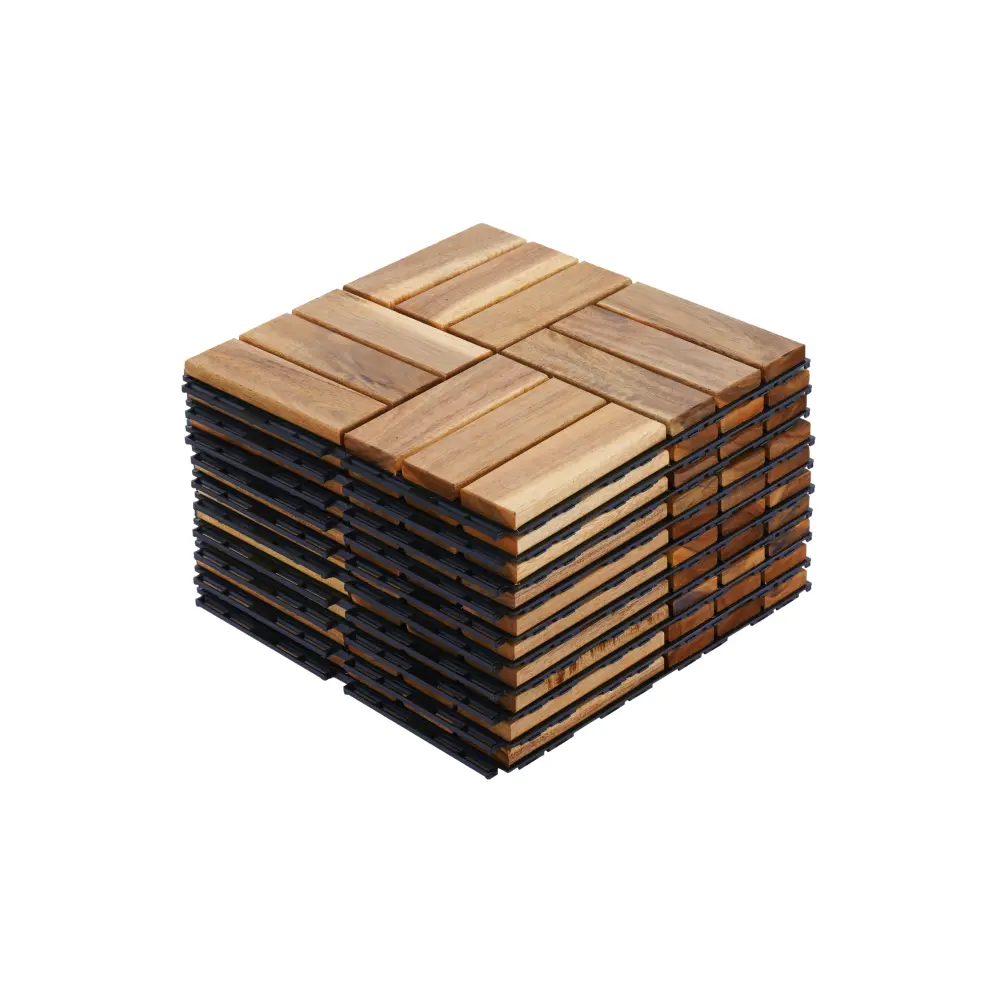 10 PCS Interlocking Acacia Hardwood & Plastic Deck Tiles, 12"x12" Square Checker & Wood Grain Pattern, 0.75in Waterproof Yellow Outdoor Flooring for Patio, Balcony