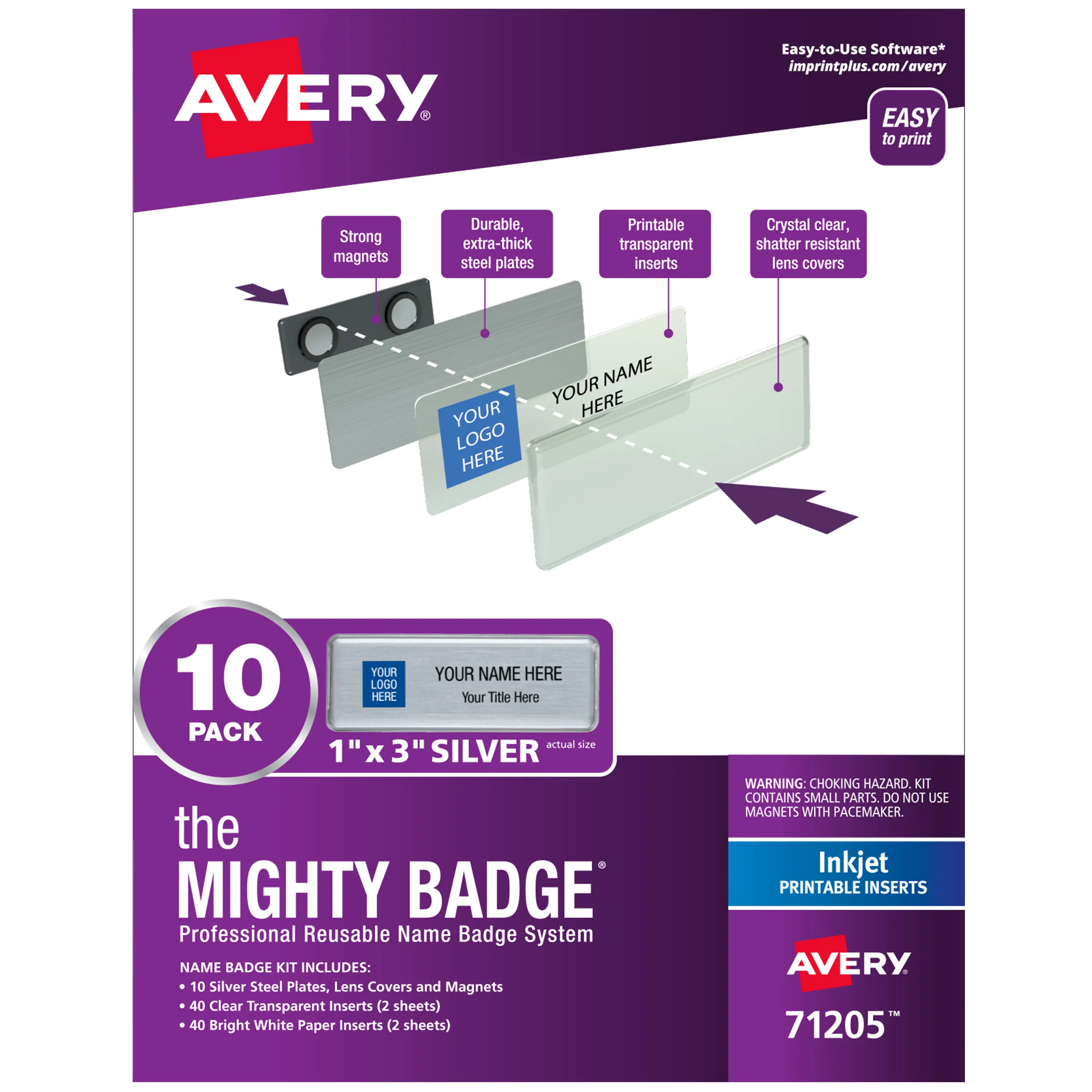 Avery Reusable Magnetic Professional Name Badge System, 1" x 3" Silver Name Tags, 10 Identification Badges, 80 Inkjet Printable Inserts, Design Software Included (71205)