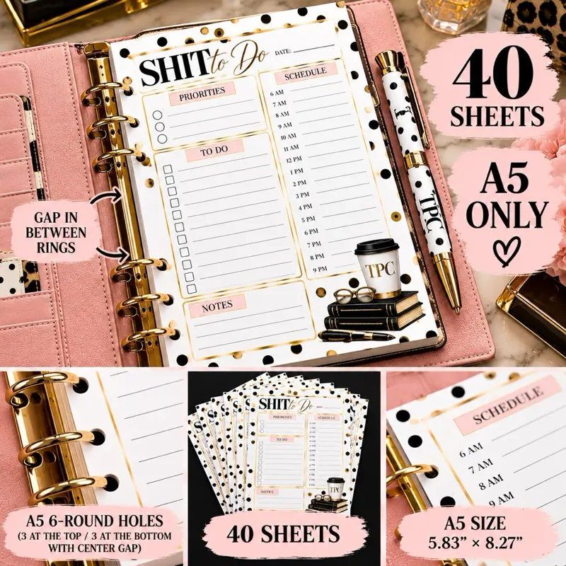 SHIT TO DO | A5 Daily Planner Pages | 40 Sheets | Tear-Off Notepad or 6-Ring Planner Inserts.