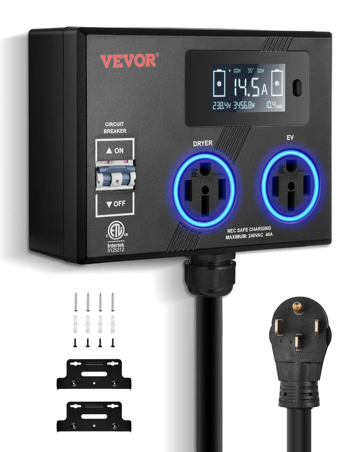 【summerfinds】VEVOR NEMA Splitter for Dryer and EV, 3-Color LED Indicator, 240V Smart Power Distribution, With NEMA 14-50 Plug, Two NEMA 14-50 Outlets, 3.4 in LCD Screen, Max 40A Dryer EV, Tested to ETL Standard