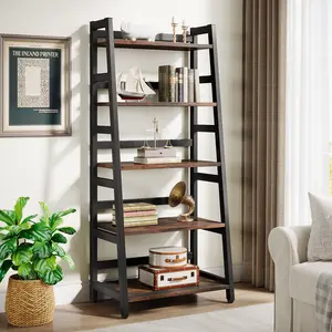LITTLE TREE 5-Tier Bookshelf Industrial Bookcase, 5 Shelf Ladder Shelf Book Storage Shelf Organizer for Living Room, Home Office