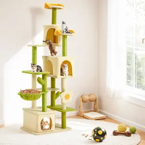 EROMMY 69.29" 3-Tier Cat Tree Tower - Living Room Decor Apartment Furniture with Scratching Posts, House, Bed, Tall Climbing Structure, Anti-Toppling Device, 23.62"L x 17.72"W x 69.29"H for Indoor Cats, Green & Yellow (Endless Fun and Activity)