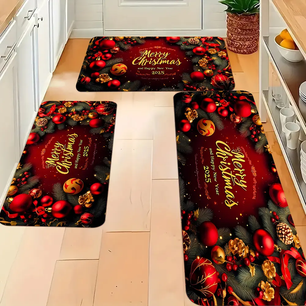 2pcs/3pcs, Christmas Kitchen Mat Set, Patterns for New Year And Christmas Celebrations, Non-Slip, Soft Flannel, Easy to Clean, Rectangular Striped Design, Polyester, Machine Washable, Suitable for Kitchen, Hallway, Bedroom, Living Room, Bathroom