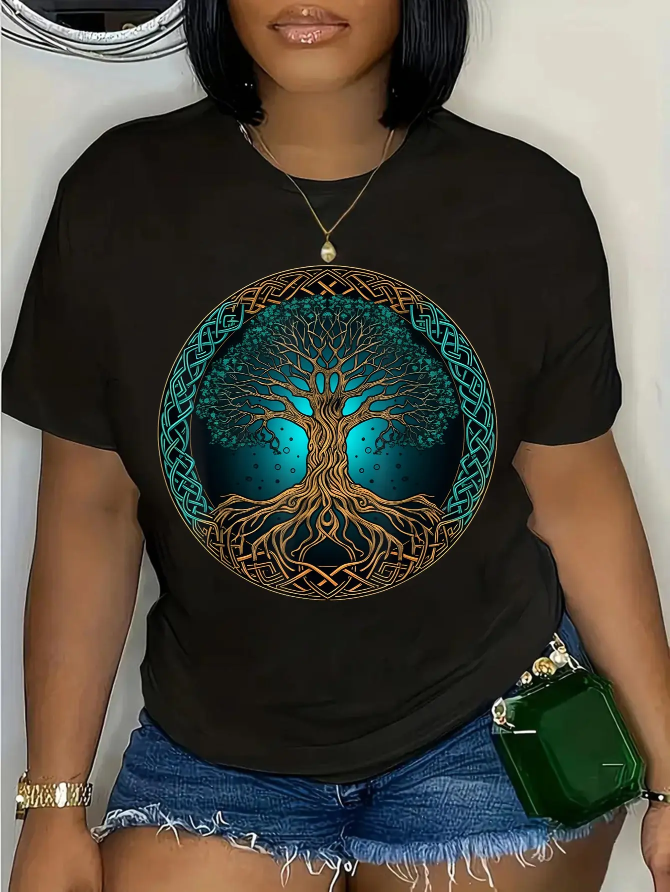 Lady's 100% Cotton Short-Sleeve Casual Everyday Graphic T-Shirt, Featuring Myths Knot Yggdrasil Nordic Tree Of Life Viking Celtic Design, Shortsleeve, Round Neck, Top, Vintage, Women