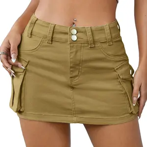 Women Mini Skirt Vintage Low Waist Cargo Skirt SummerFit Solid Color Skirt with Pockets for Club Cotton Womenswear