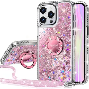 for iPhone 16 Pro Max Case, Moving Liquid Holographic Sparkle Glitter Case with Kickstand, Girls Women Bling Diamond Ring Protective Case for iPhone 16 Pro Max 6.9'’ - Pink