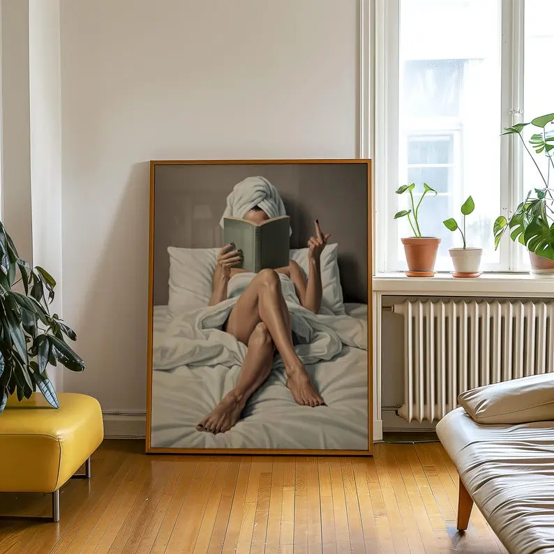Sassy Reading Woman Poster | Bold Bedroom Art Print | Woman in Bed with Middle Finger Reading | Modern Home Decor | Book Lover [UNFRAMED]