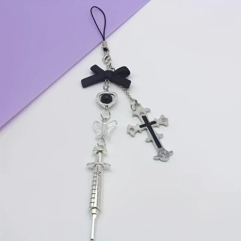 Y2K Retro Laser Engraved Butterfly Cross Chain Phone Charm - Vintage Metallic Beaded Smartphone Accessory, Durable Cellphone Strap for Card Album Decor, Birthday Mobile Gift (Phone Charms, Accessories for Sports & Outdoor Protective Gear Use)