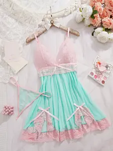 Women's Sweetheart Lace Trim Spaghetti Strap Soft Comfy Lingerie Lace Babydoll Sleepwear Set, Lingerie Lace Nightwear, Bow Tie Design Fitted Nightgown & Underwear Included, Comfortable Home Wear, Cute, Strappy Panty Set
