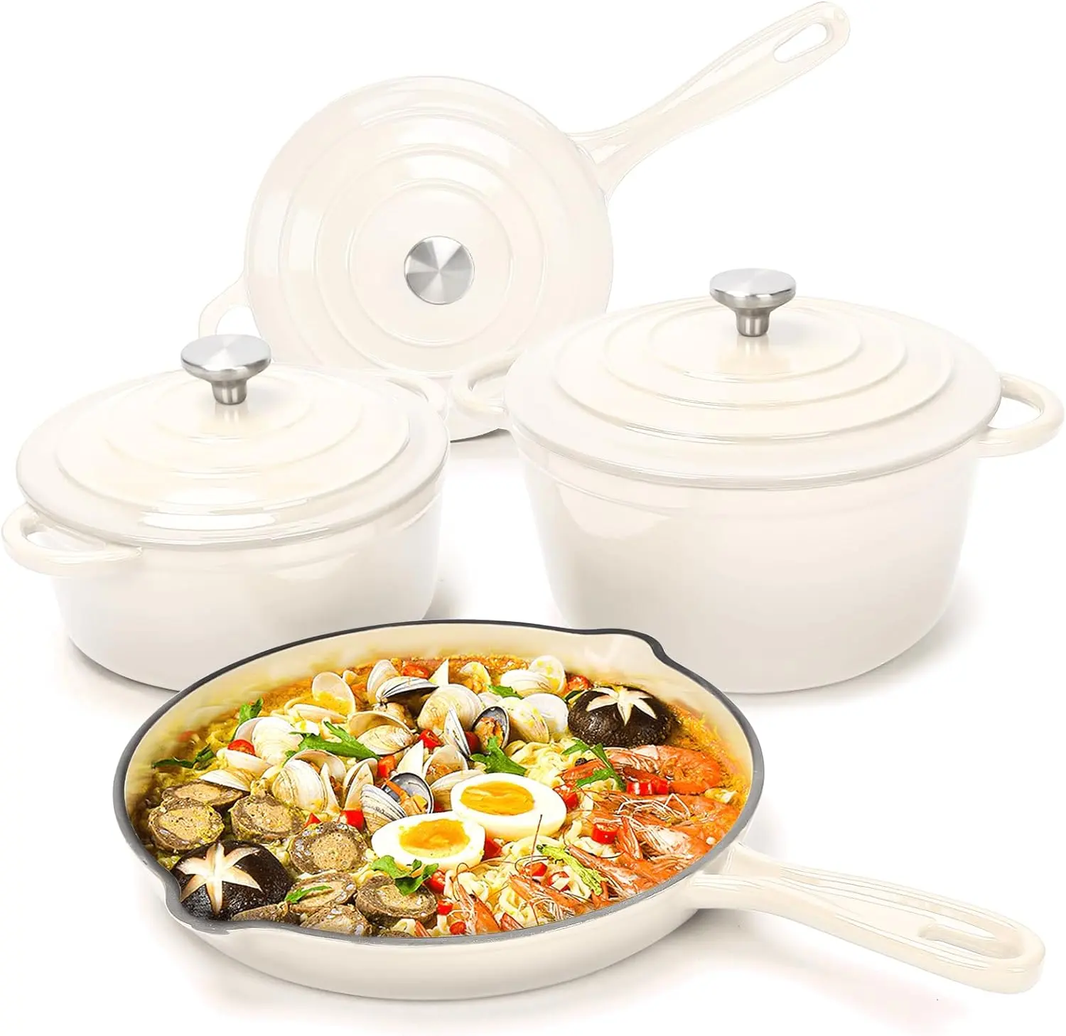 Elf Grill 7-Pc Enameled Cast Iron Set - 2 Dutch Ovens, Skillet & Pan ...