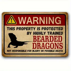 Funny Bearded Dragon Owner Metal Sign - Beware of Bearded Dragons Warning Decoration with Red Triangle, Rustproof Iron Metal Plaque for Bearded Dragon Owners, Pre-Drilled Holes - Indoor/Outdoor Pet Lover Gift (A19) - Funny Birthday/Housewarming Present fo