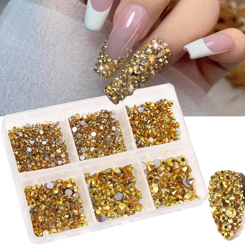 SS4-SS6 Mix Gold Glass Diamond Nail Gems 6Grids 1.5-4mm Bling Flatback Nail Rhinestone Non fix Crystals Nail Art Decora #rY7R