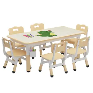 6 Seats Height Adjustable Kids Table and Chair Set, Non-Slip Legs Toddler Activity Table with Graffiti Desktop, Multi-Functional Study Play Desk for Ages 2-8 Indoor Family Use