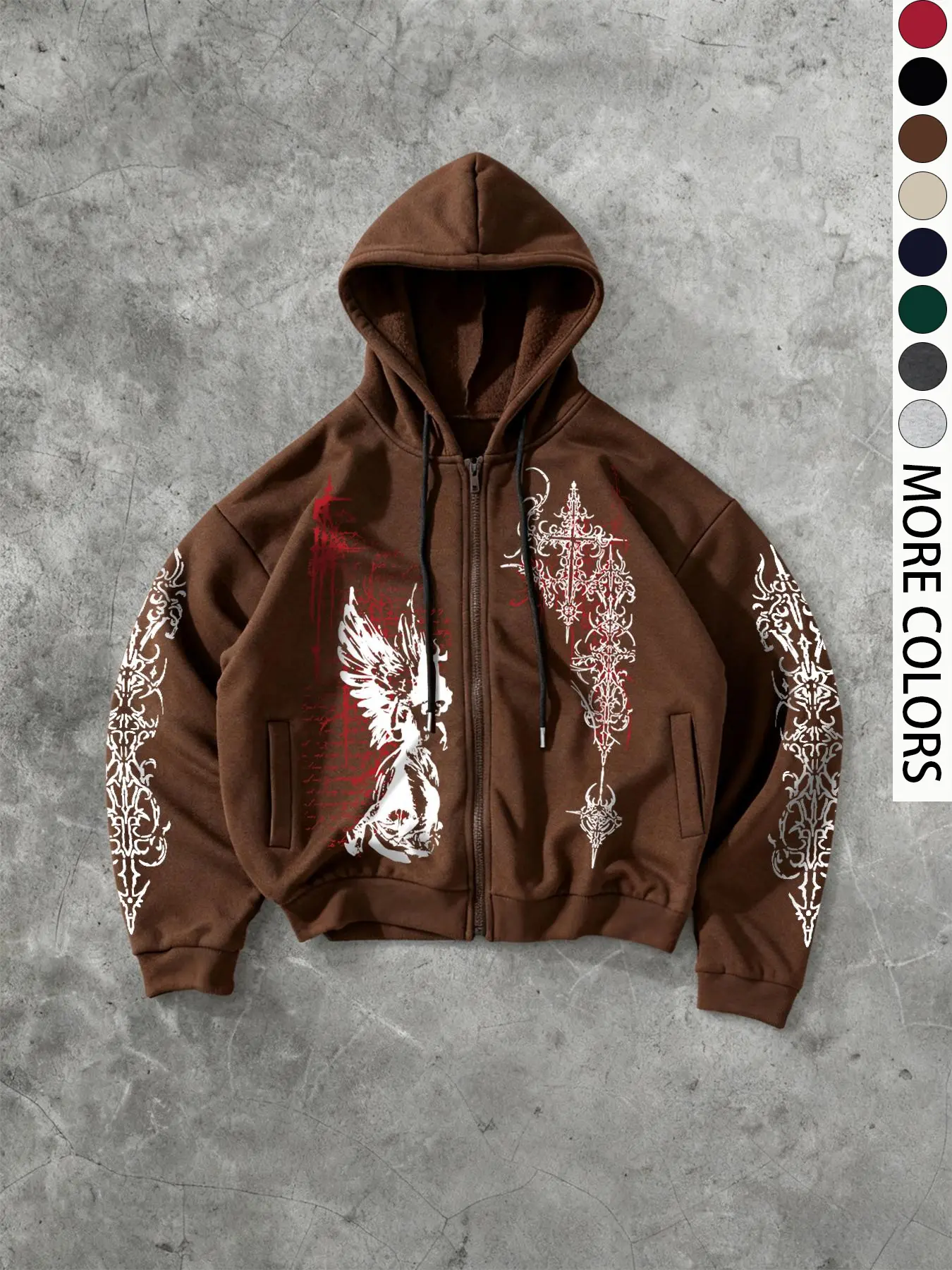 Men's Zipper Fitted Long Sleeves Hoodie with Gothic Angel & Cross Graphic Print, Street Dark Style Jacket, Trendy Fashion Casual Sport Outdoor Hip-Hop Sweatshirts