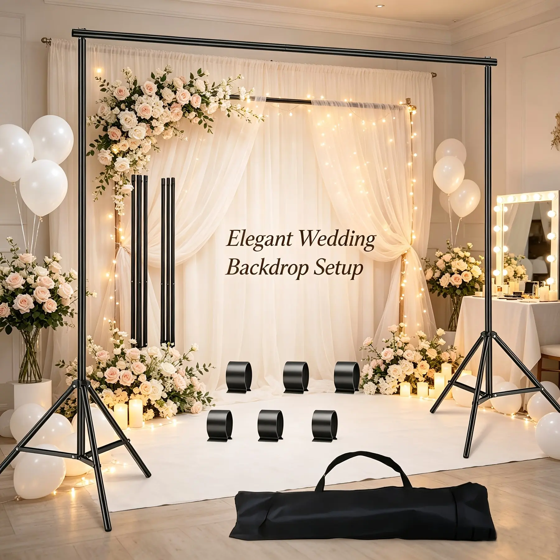 Photography Backdrop Stand Kit- An Adjustable Background Support System for Photo Studios, Featuring 2 Adjustable Support Stands, 6 Crossbars, And 6 Clamps. Perfect for Photography Studios, Video Setups, And Party Decorations
