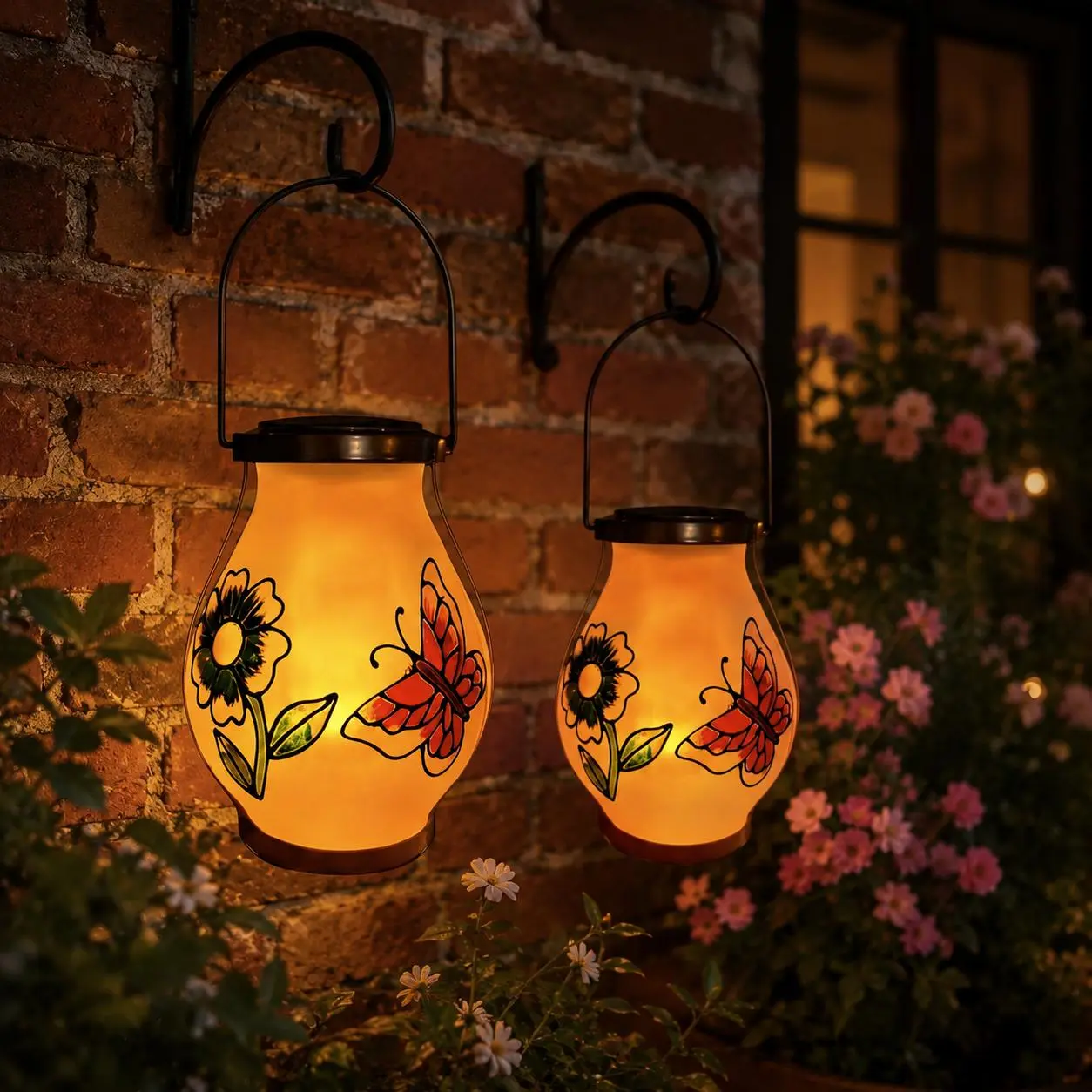 2-Pack Solar Hanging Decorative Lantern Lights with Floral Pattern, Outdoor Home Improvement Lighting for Patio