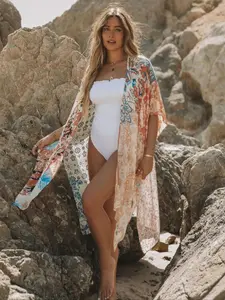 2026 New Model Women's Floral Print Drop Shoulder Cover Up, Casual Long Sleeve Split Hem Open Front Cover Up for Beach Holiday Vacation Outdoor, Ladies All Seasons Clothes, Swimsuit Cover Ups, Swimwear Cover Up