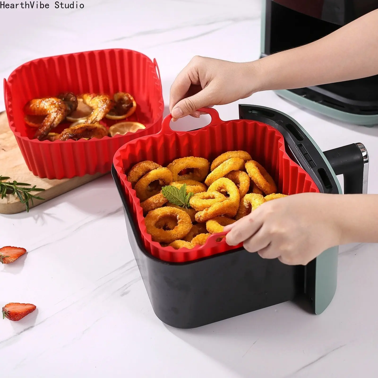 New Silicone Air Fryer Liners (Set of 2) - Reusable Square Food-Grade Kitchen Baskets with Oil Drainage, Popout Cleanup, BPA-Free, High Heat Resistant for 3-5 QT Eco-Friendly Camping & Hiking Use