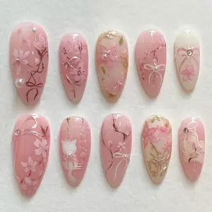 30Pcs Pink Flower Press on Nails Medium Almond Fake Nails Peach Blossom with 3D Rhinestones Pearl Gold Glitter Design Artificial Cute Cat Nails Stick on Nails Spring False Nails for Women Acrylic Nail