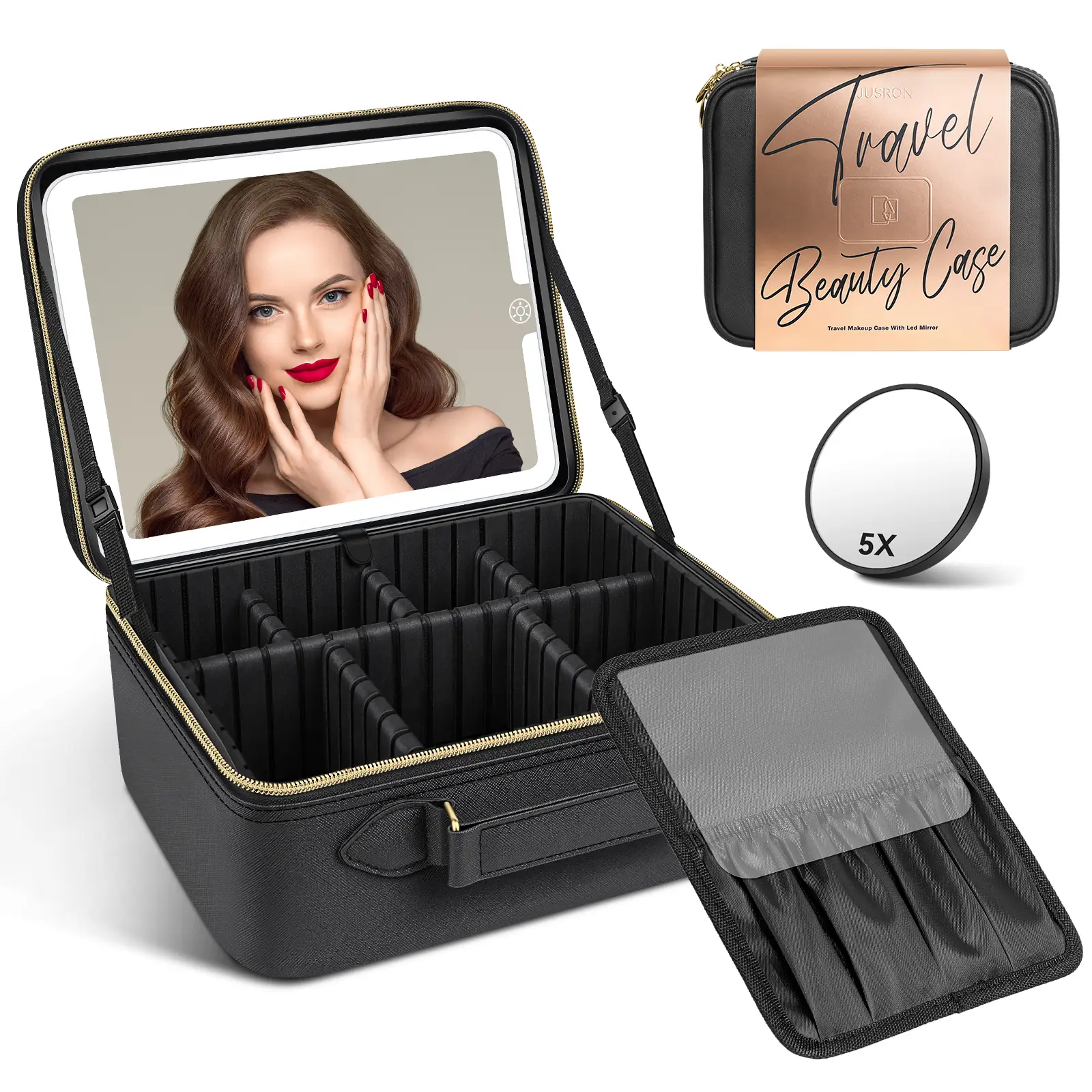 JUSRON Travel Makeup Bag Cosmetic Bag with LED Light up Mirror Valentine's Day Gift to Girlfriend (Black)