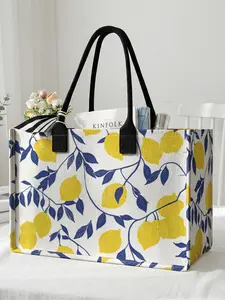 1 piece of 2D printed large capacity storage bag with lemon leaf pattern, Tote Bag, Casual Shopping Bag, sturdy handle, space-saving multi-purpose, suitable for use at school, on business trips, and shopping