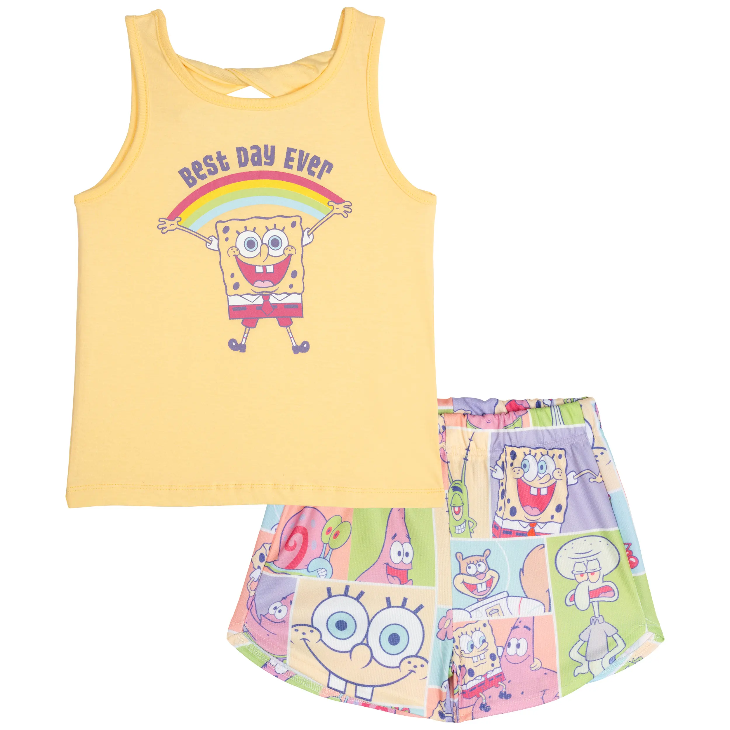 SpongeBob SquarePants Girls' 2-Piece Outfit - Sleeveless Graphic Tee, Elastic Waist Mesh Bottoms (Toddler Sizes, Athletic Printed Design)
