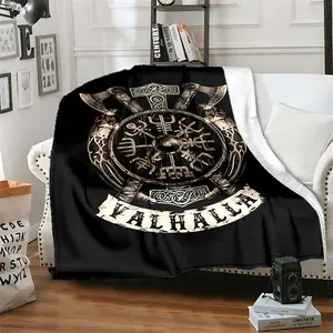 1pc Flanged Blanket, Retro Viking Logo Printing Blanket, Comfortable And Comfortable Blanket, for Camping Sofa Bed And Couch Office, Suitable for Gift Blankets In All Seasons
