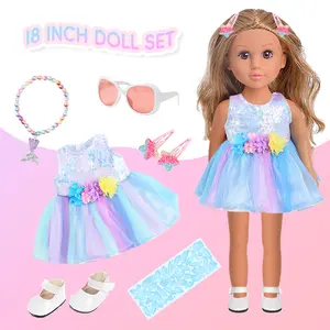 DEARBEI 18 Inch Girl Doll with Fine Blond Long Hair Blue Eyes Floral Outfit Denim Jacket Sandals Boots Hair Bow Handbag & Accessories for Imaginative Play
