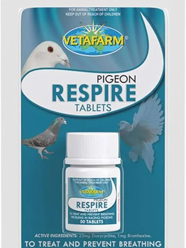 Vetafarm Respire Tablets - 50-Count, 50g Bird Healthcare Supplement, Convenient Respiratory Aid for Pigeons, Maintain Health, Prevent Breathing Issues, Treat and Prevent Breathing Problems (Includes Capsules)