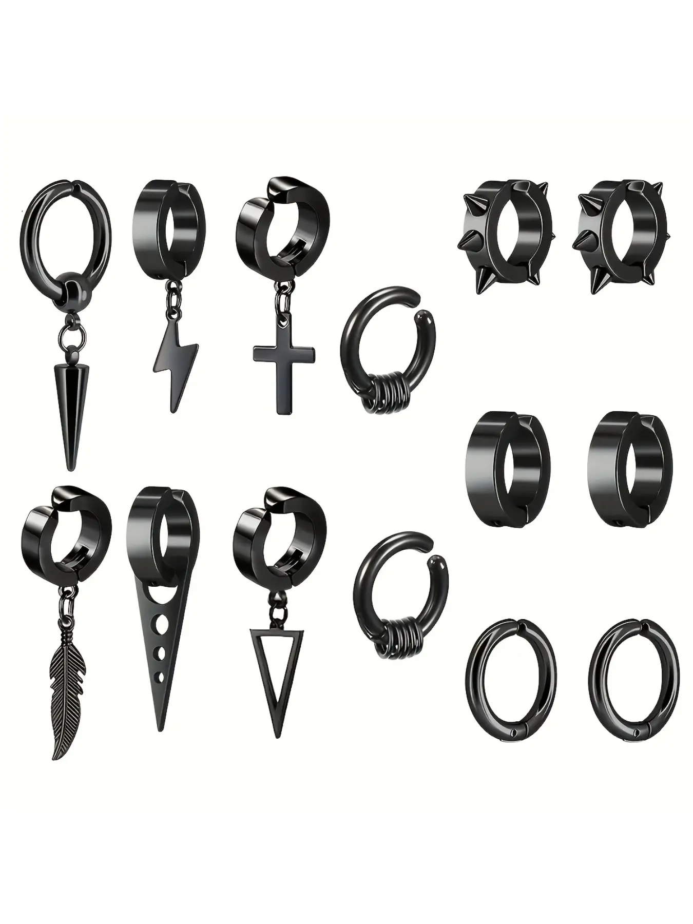 14 Piece Stainless Steel Punk Hip Hop Earrings Set, Earring Pack, Gun Spikes Cross Studs Clip on Long Chain Pendant Rings, Unisex Daily Wear Party Gift Jewelry, Fashionable Jewelry Accessories, Ear Accessories
