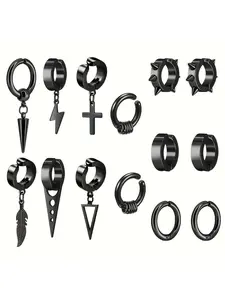 14 Piece Stainless Steel Punk Hip Hop Earrings Set, Gun Spikes Cross Studs Clip on Long Chain Pendant Rings, Unisex Daily Wear Party Gift Jewelry, Punk Style Earrings, Studded Cross Earrings, Spiky Earrings