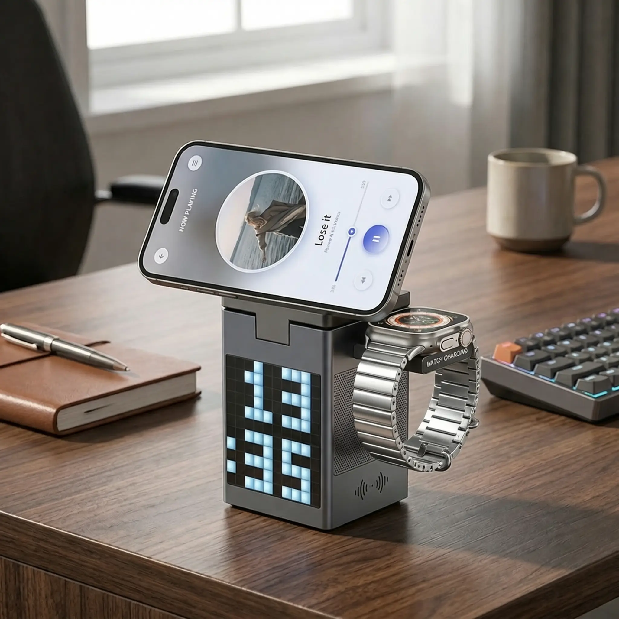 6-in-1 Charging Station for Apple Devices, 15W Magnetic Wireless Charger Stand with Bluetooth Speaker, Digital Alarm Clock, Pixel Display, Compatible with MagSafe iPhone Series, Apple Watch & AirPods - Spring, Memorial Day, Easter #