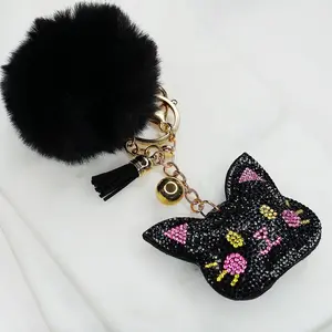 Black Cat Rhinestone Cushion Keychain/Purse Charm with Pom