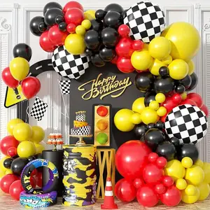 113pcs Chessboard Grid Red Black Yellow Latex Balloons Garland Arch Kit for Racing Theme Birthday Wedding Anniversary Babyshower Bride Party Background Home Decoration Supplies