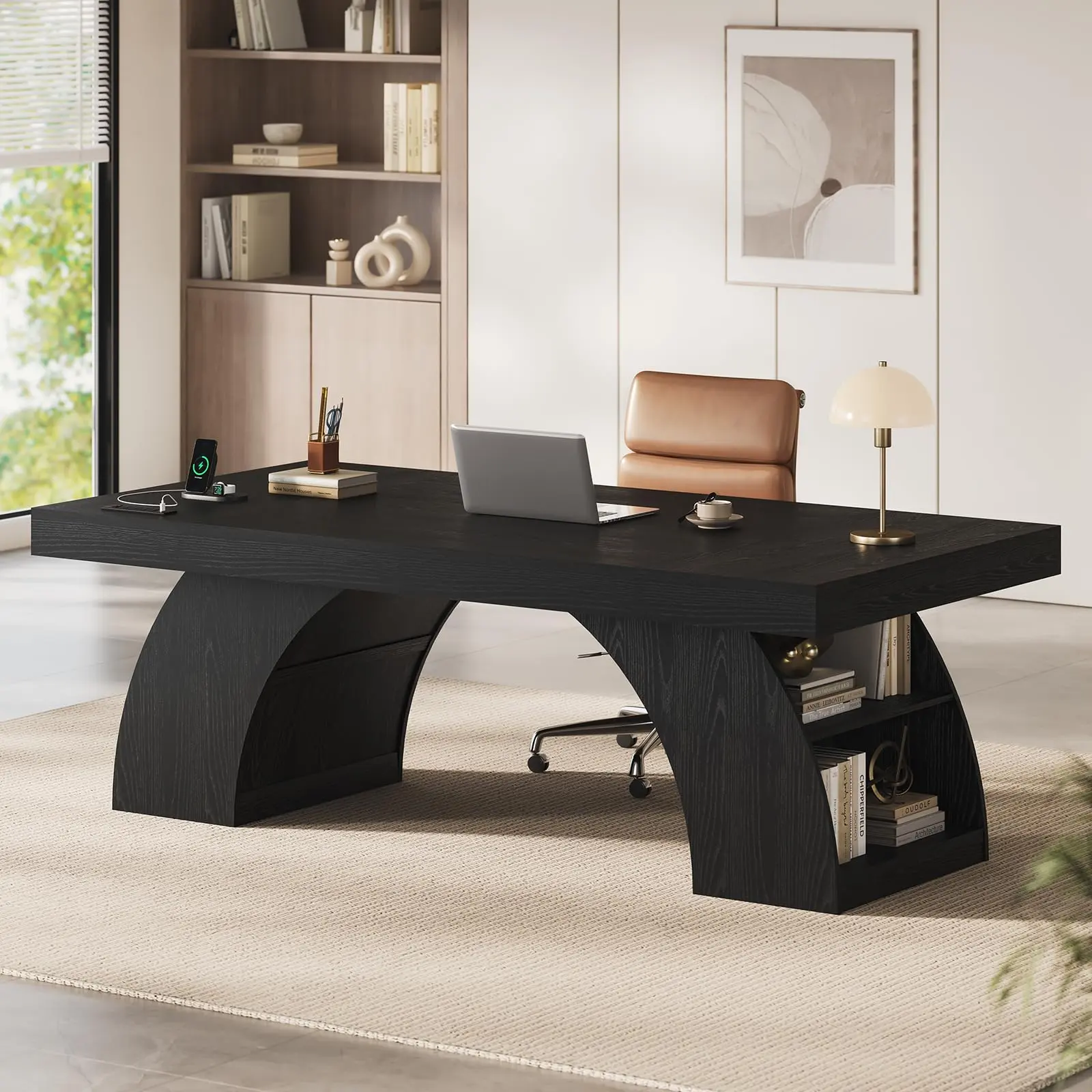 70.9" Executive Desk with Power Outlet & Storage Shelves, Large Modern Computer Desk with Arched Design Legs, Workstation Business Furniture Writing Table for Home Office, Black