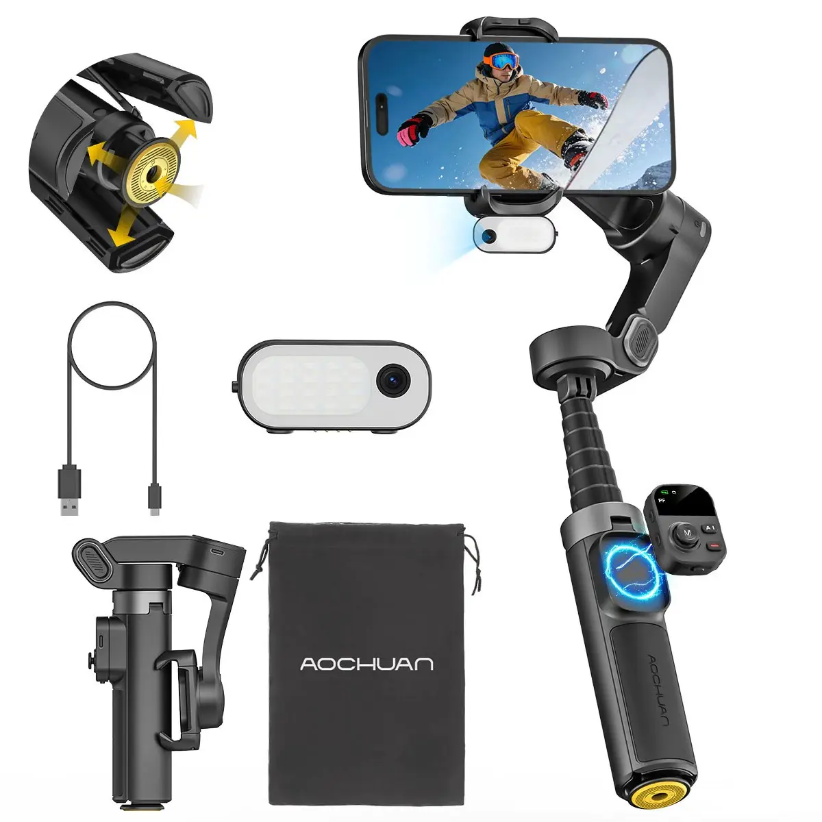AOCHUAN 3-Axis Gimbal Stabilizer with Built-in Pop-up Tripod for iPhone/Android, No Extra Tripod Needed, Portable Smartphone Gimbal w/ AI Tracking, RGB Fill Light & Extension Rod, Magnetic Remote Included, Perfect for TikTok, YouTube & Vlogging