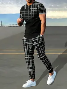 Men's Plaid Print Short Sleeve Jersey Tee & Drawstring Waist Pants Two-piece Set, Round Neck T-shirt & Pocket Trousers, Casual Top & Bottoms for Summer Outdoor