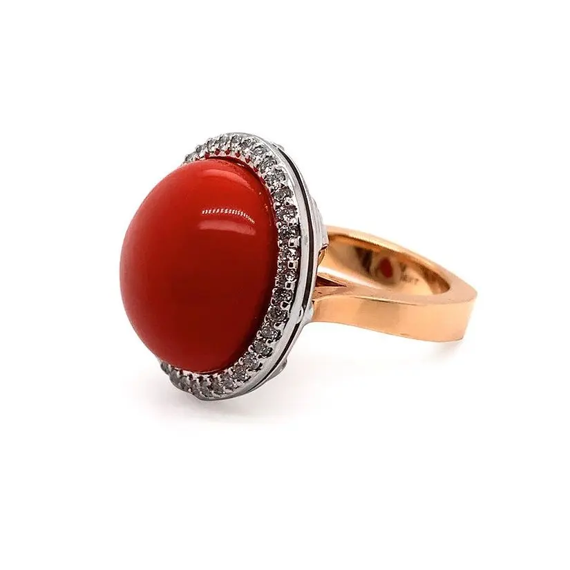 Coral Cabochon & Diamond Ring, 18k Gold