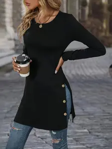 Women's Plain Fake Buttons Split Hem Tee, Casual Long Sleeve Round Neck T-shirt for Daily Wear, Ladies Clothes for All Seasons, Basic Tops, Womenswear, Everyday Wear, Medium Fit