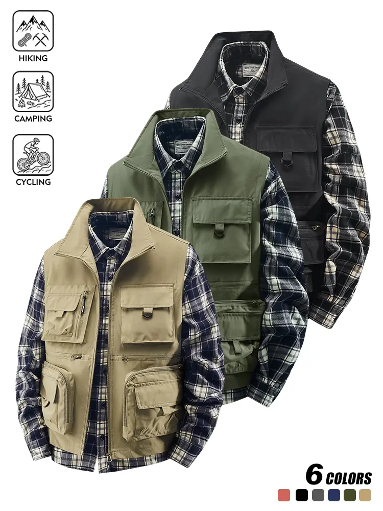 Men Stand Collar Outdoor Sleeveless Vest, Lightweight Windproof Fabric, Relaxed Fit, Full Zip Closure, Multi Functional Pockets, Outer Gilet for Hiking, Camping, Cycling and Outdoor Activities