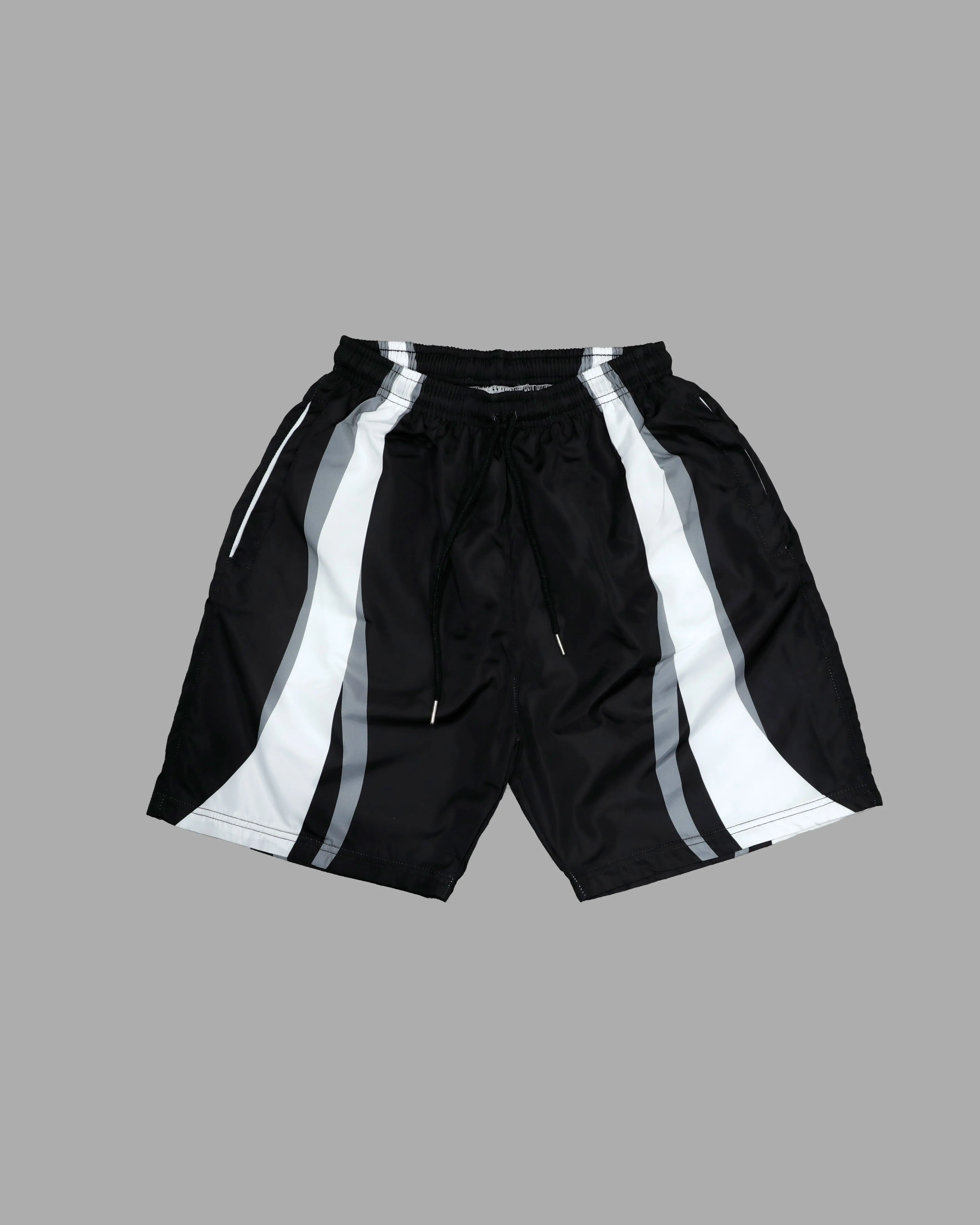 Men's Black Colorblock Windbreaker Shorts, Hoodie-Matching Stripe Design, Sporty Streetwear Style, Breathable Fabric