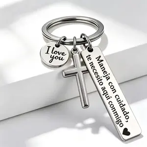 Maneja Con Cuidado god Te Necesito Aquí Conmigo Keychain with Cross & "I Love You" Charm, Spanish Drive Safe Stainless Steel Keyring, Romantic Religious Gift for Him/Her Adjustable Heart Rate Couples Bracelet Set Rotating Retractable Reading Badge Holder