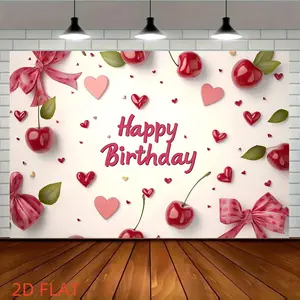 2D Flat Banner, 1pc Cherry Bow Party Backdrop Polyester Birthday Decoration with Sweet Red Cherry Design for Photo Booth Fun party banner Background cloth Ornaments White