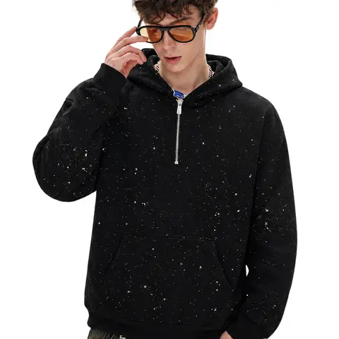 TELLFUN Men's Quarter-Zip Sequined Hoodie - Long Sleeve Cotton Blend, Functional Pockets, Relaxed Cut Y2K Sweatshirt for Autumn Winter Casual Streetwear & Party Wear,sohochic
