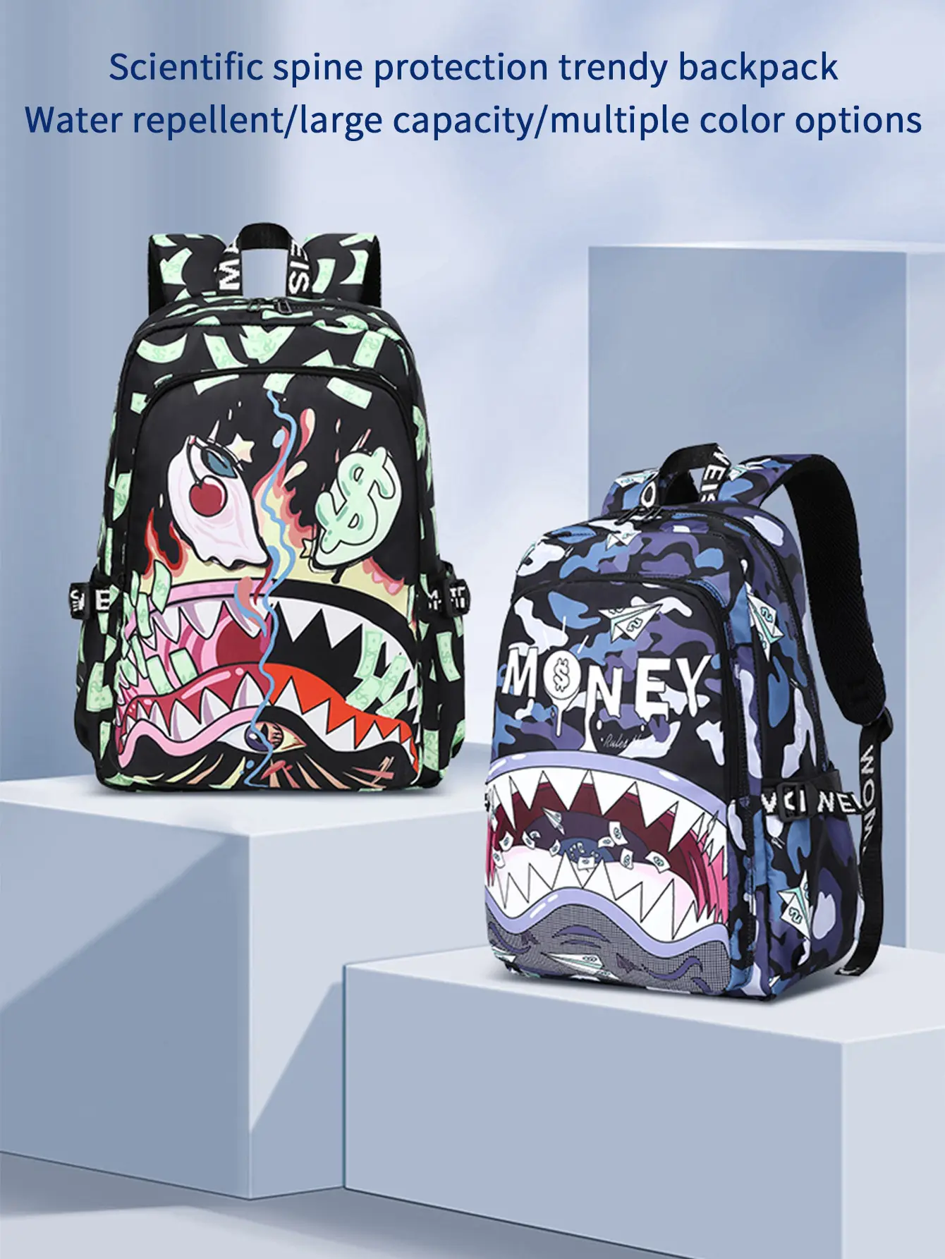 Sprayground Colorful Shark Student Lightweight Waterproof Backpack with Print, Large Capacity, Personalized Cartoon Style, Stylish Shoulder Bag