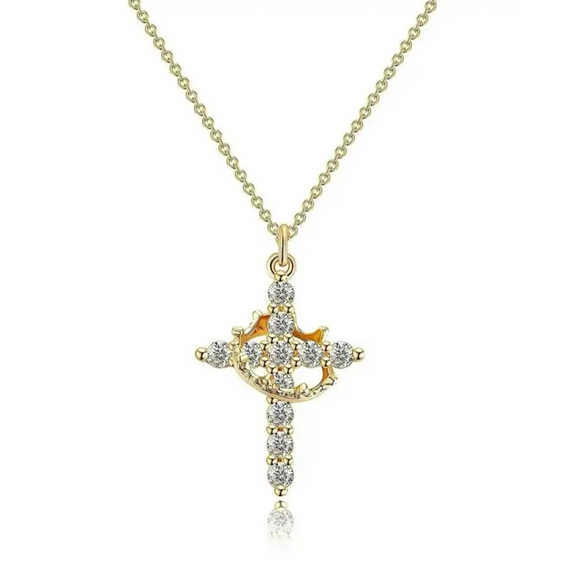 Luxury Wooden box with LED light Moissanite Synthetic Cross Necklace Simple Crown & Cross Pendant Choker Necklace For Women Men Girls Pretty Crown Cross Necklace For Daily Party Clothing Decor Trendy All-match Exquisite Jewelry For Mother's Day Gift