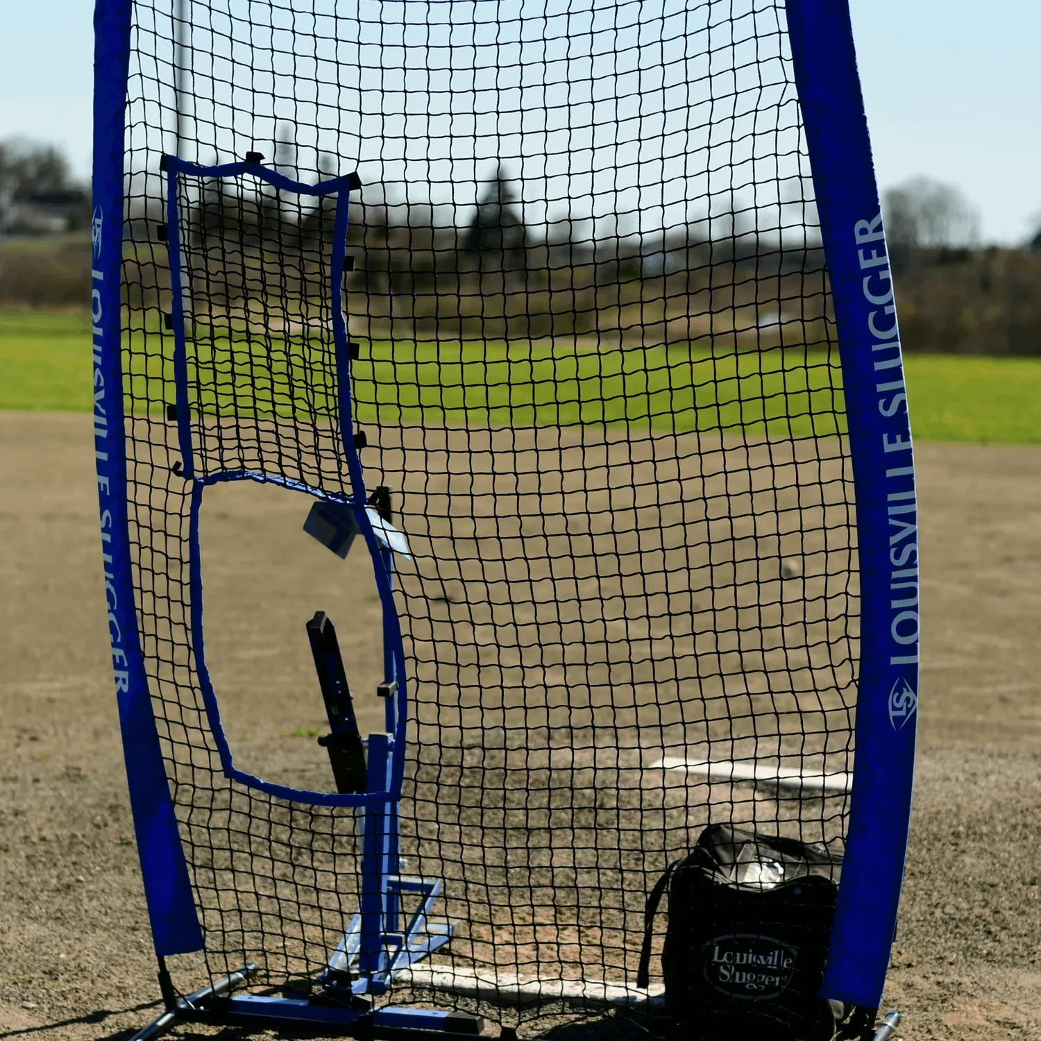 Louisville Slugger Blue Flame Training Bundle – Pitching Machine + Flex Protective Screen + Ball Caddy | Complete Backyard Batting Practice Set
